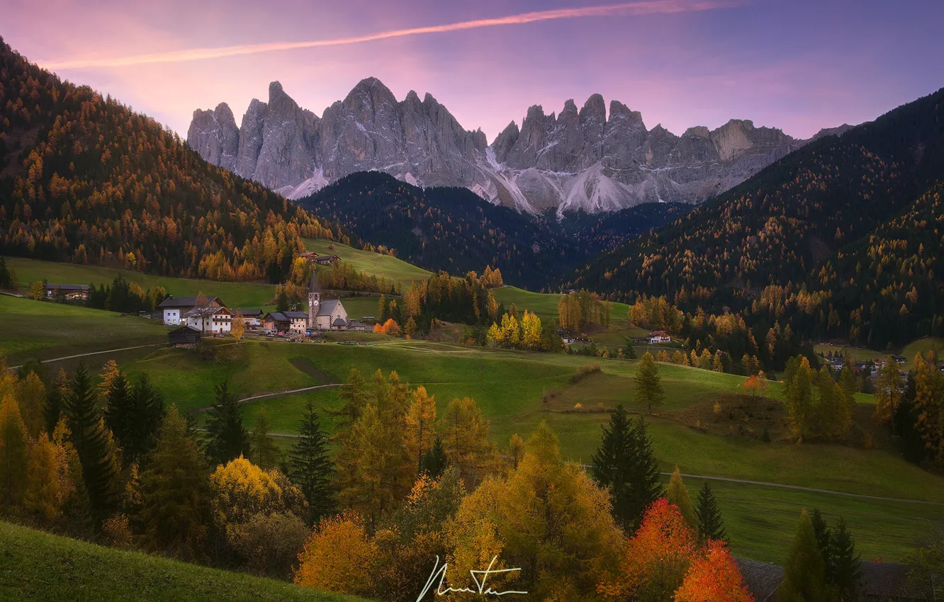 Фото обои осень, горы, Италия, леса, поселок, Доломитовые Альпы