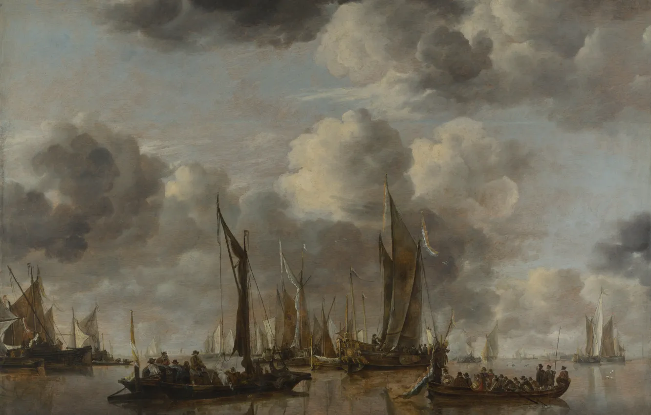 Фото обои корабль, картина, парус, Jan van de Cappelle, Ян ван Каппель, A Shipping Scene with a …