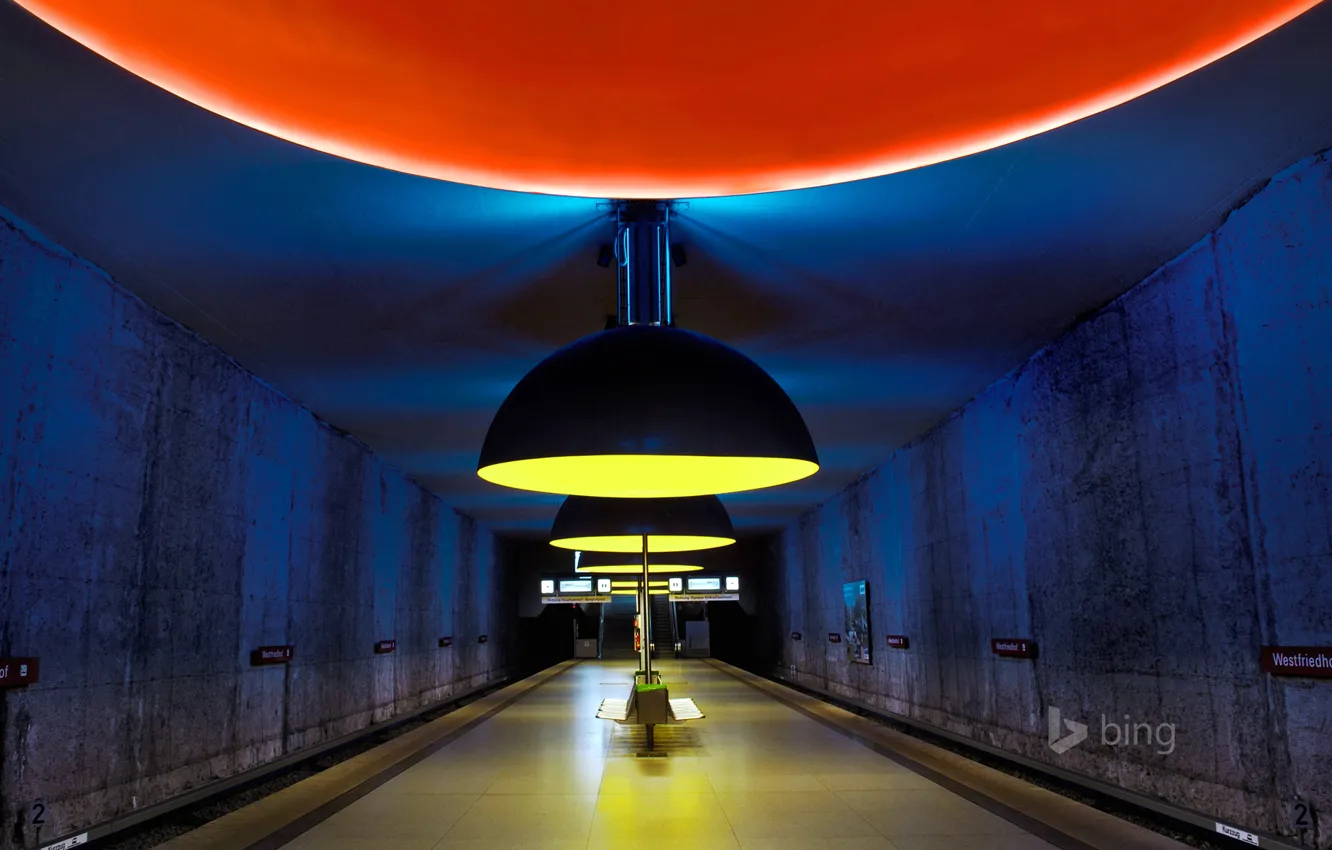 Фото обои метро, станция, Мюнхен, светильник, тоннель, скамья, Westfriedhof