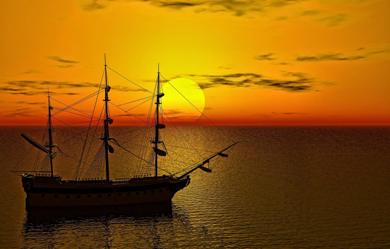 Фото обои море, солнце, рассвет, корабль, парусник