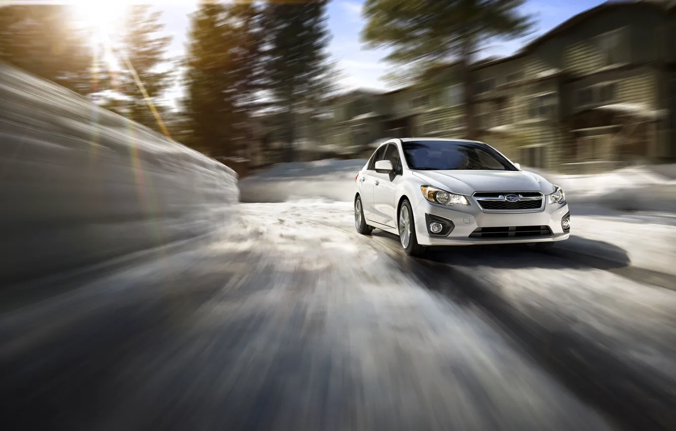 Фото обои зима, солнце, скорость, Subaru, Impreza
