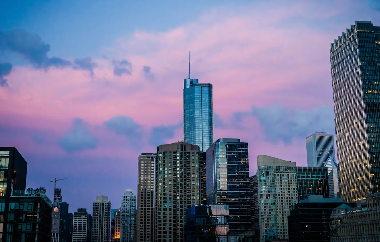 Фото обои city, USA, Chicago, Illinois, twilight, sky, sunset, skyscraper
