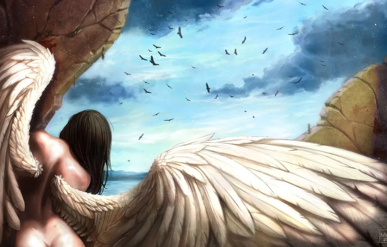 Фото обои небо, девушка, крылья