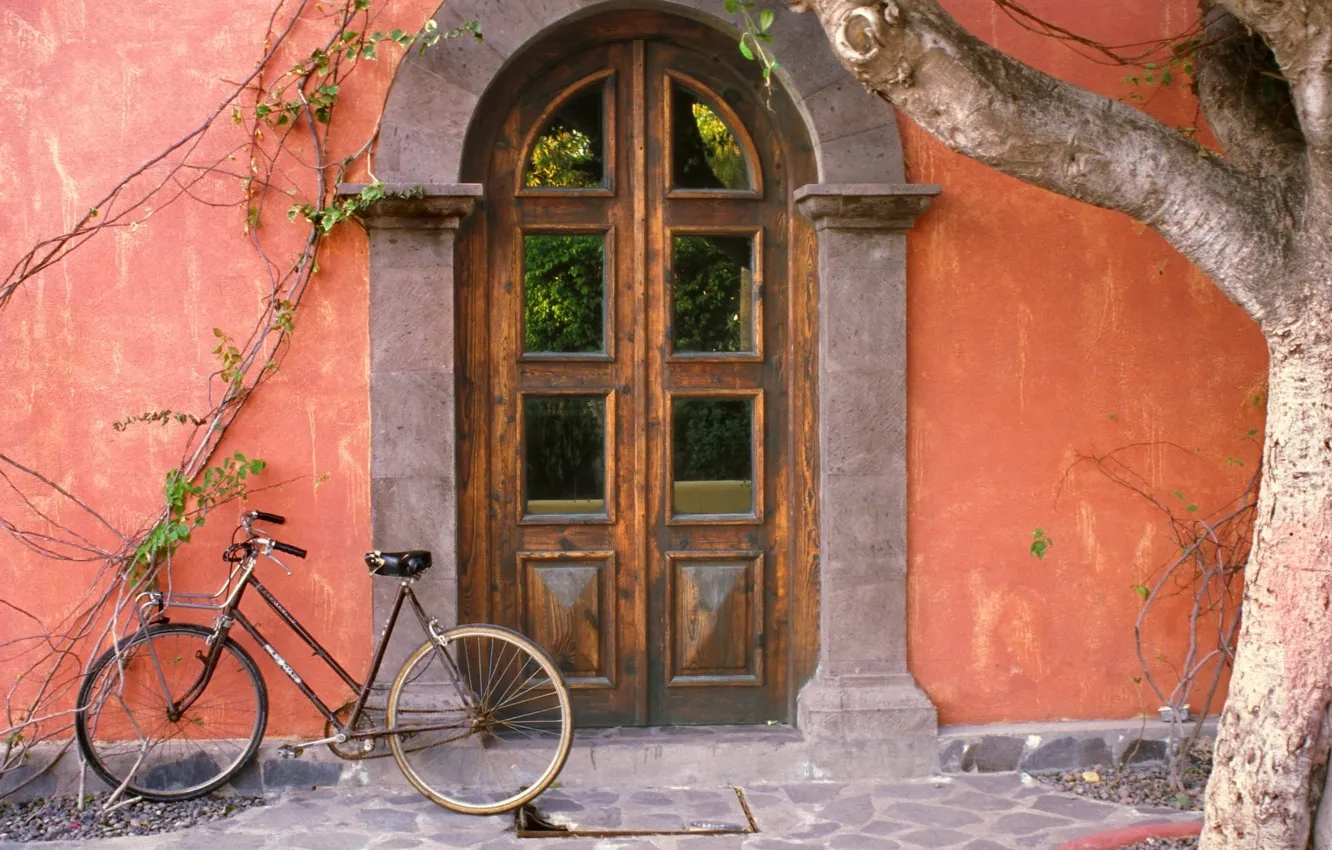 Фото обои велосипед, город, дом, улица