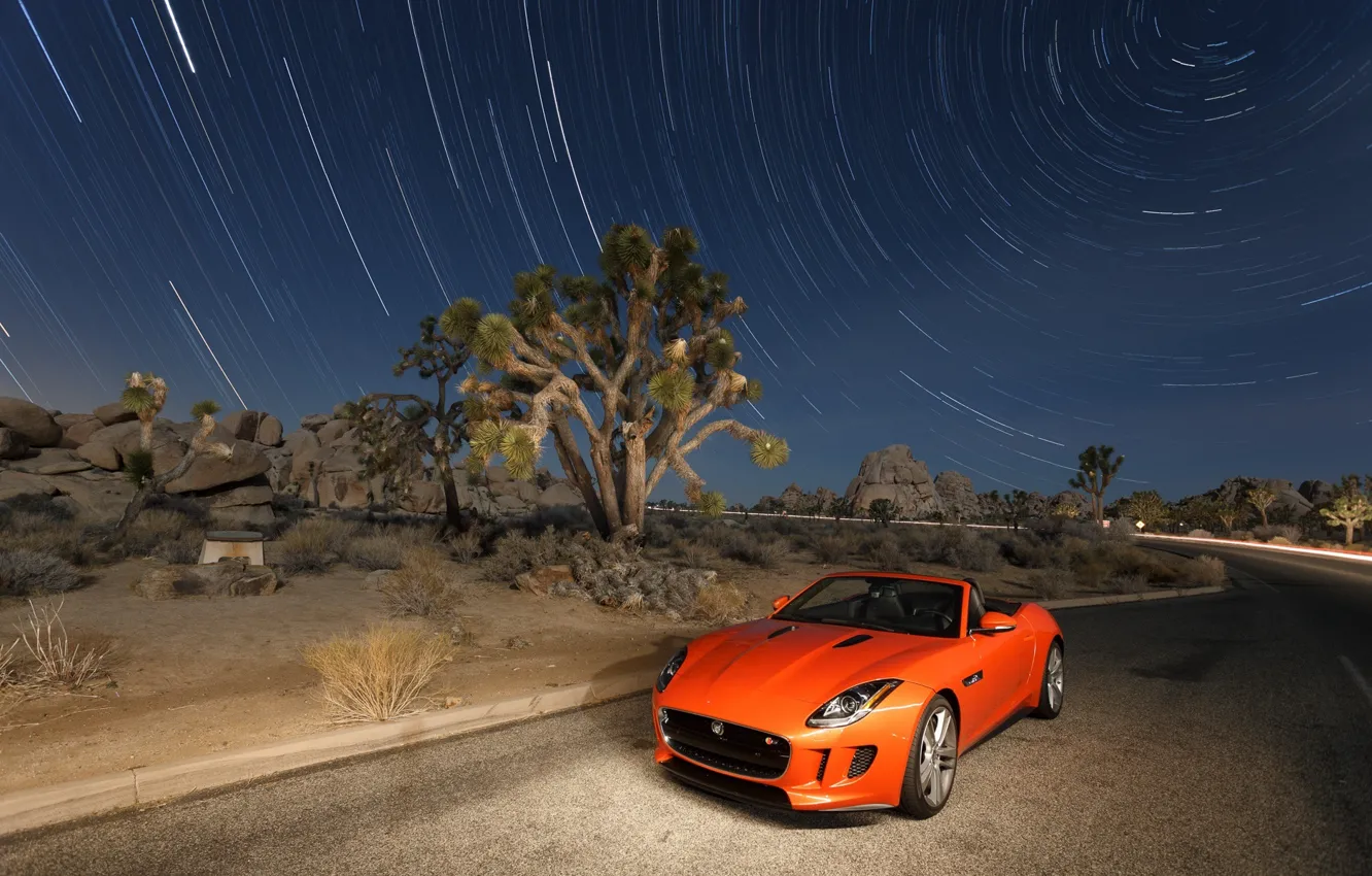 Фото обои Jaguar, Небо, Авто, Дорога, Звезды, Пустыня, Оранжевый, F-Type