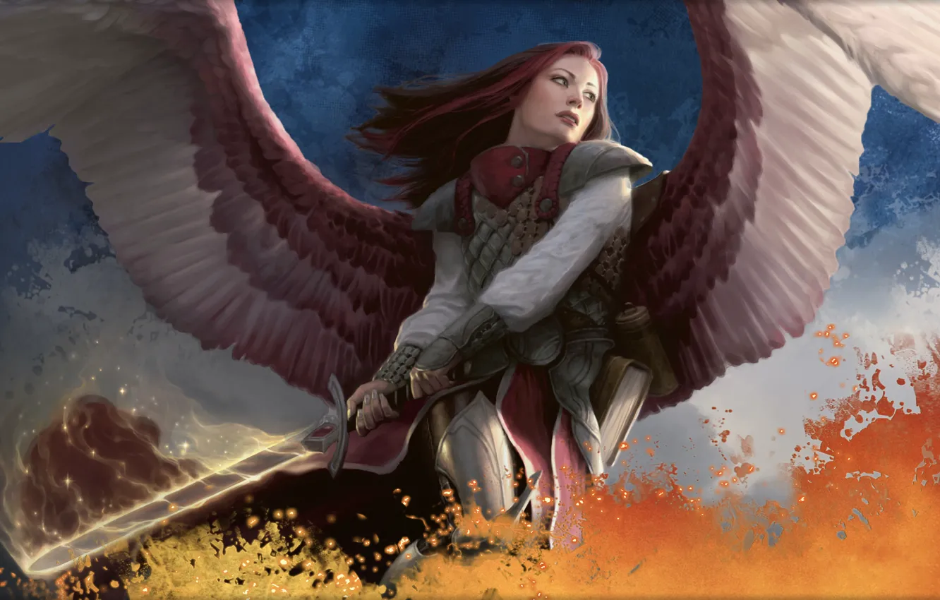 Фото обои пламя, женщина, крылья, меч, книга, sword, архангел, Archangel of Thune