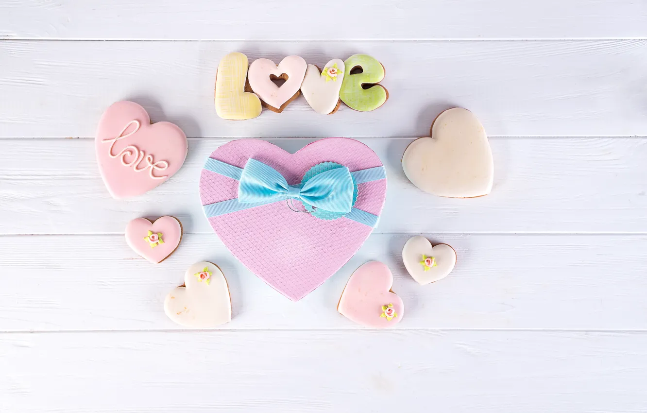 Фото обои коробка, подарок, сердце, love, heart, pink, romantic, cookies