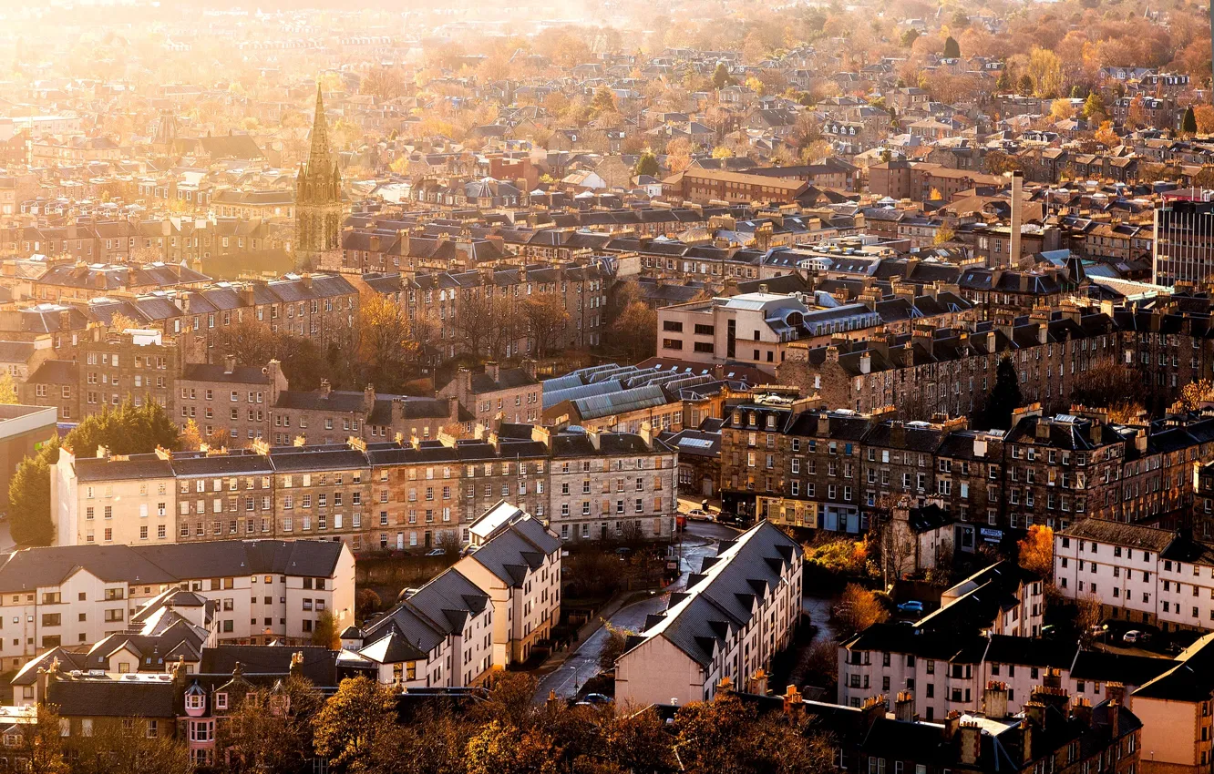 Фото обои осень, город, здания, дома, утро, Шотландия, панорама, Scotland
