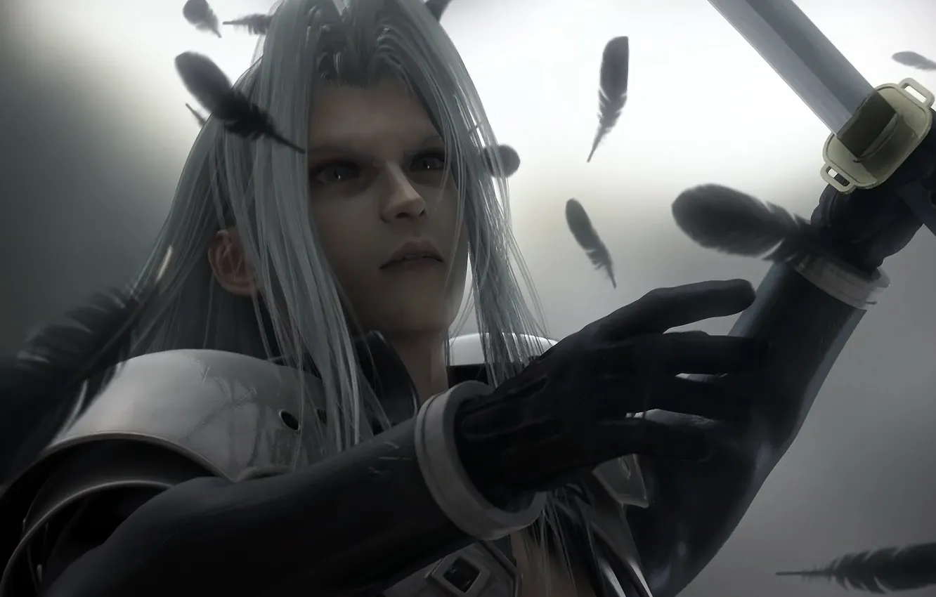 Фото обои меч, перья, серые волосы, Sephiroth, Final Fantasy VII