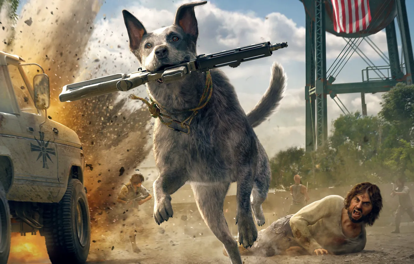 Фото обои взрыв, собака, 2018, Ubisoft Montreal, Far Cry 5