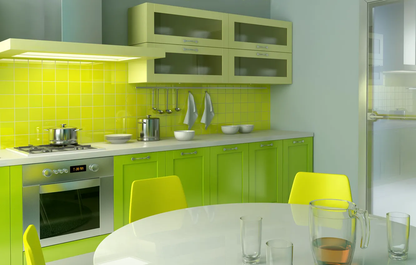 Фото обои желтый, яркий, дизайн, зеленый, стиль, стол, комната, стулья