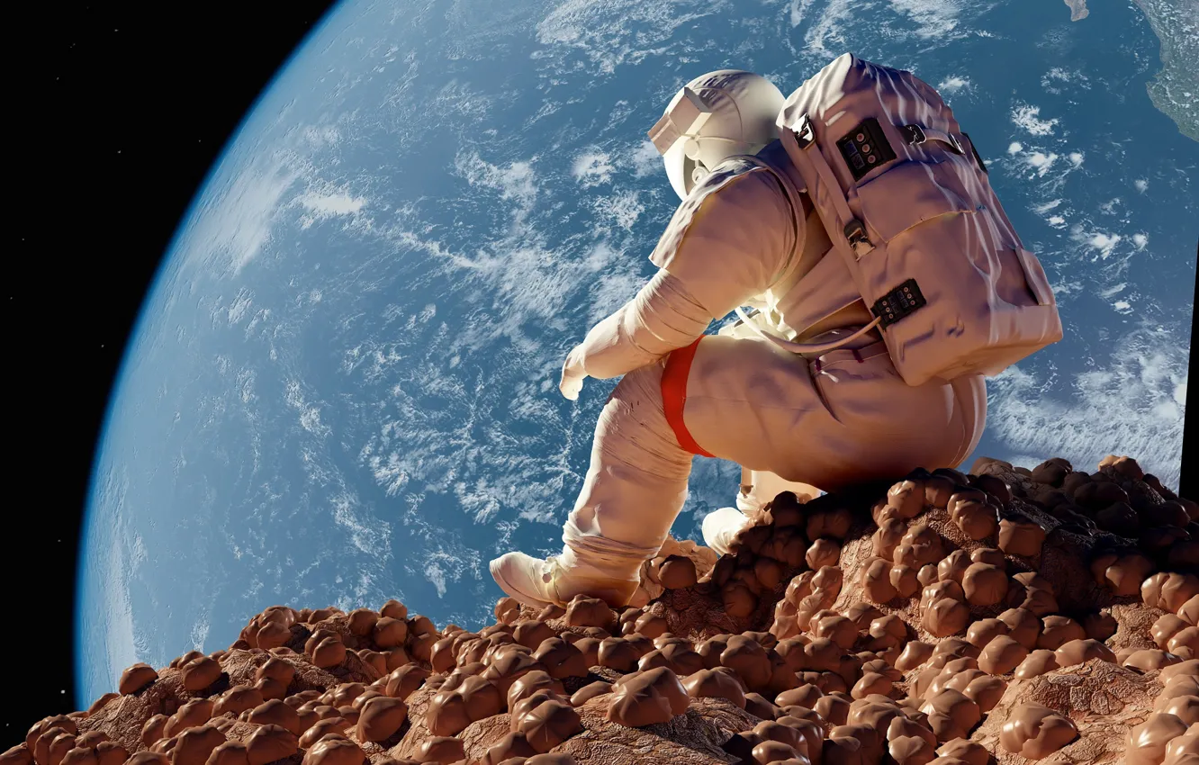 Фото обои камни, ситуация, космонавт, Луна, Земля, сидит, астронавт, astronaut