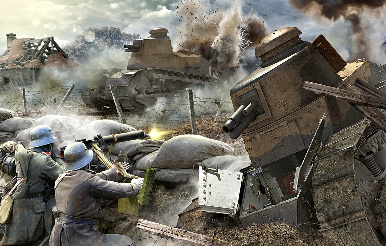 Фото обои солдаты, пулемет, колючая проволока, лёгкий танк, Первая Мировая война, Renault FT, MG 08/15