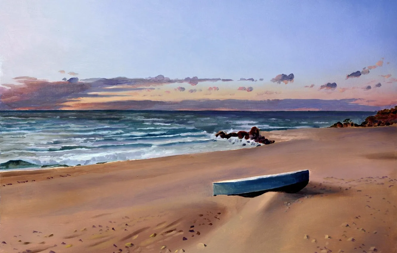 Фото обои песок, море, пляж, камни, берег, лодка, прибой