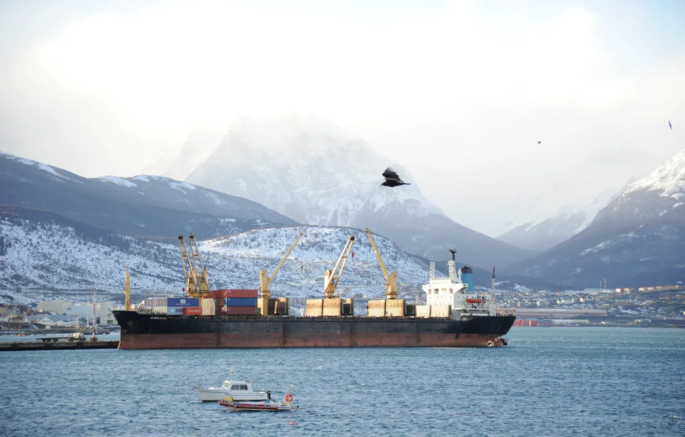 Фото обои Sun, Mountain, Argentina, Snow, Sea, Patagonia, Ship, Eagles