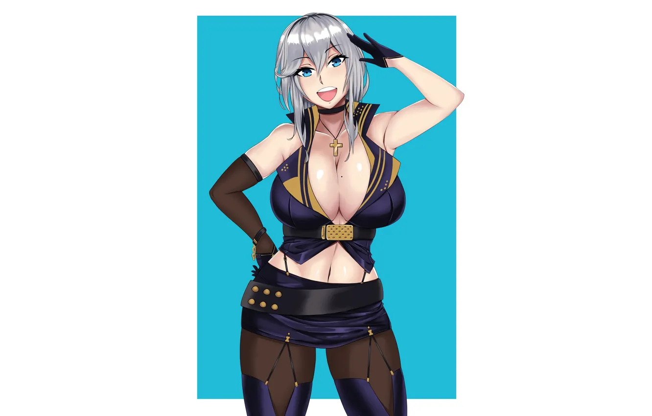 Фото обои girl, sexy, cleavage, blouse, thighhighs, long hair, boobs, anime
