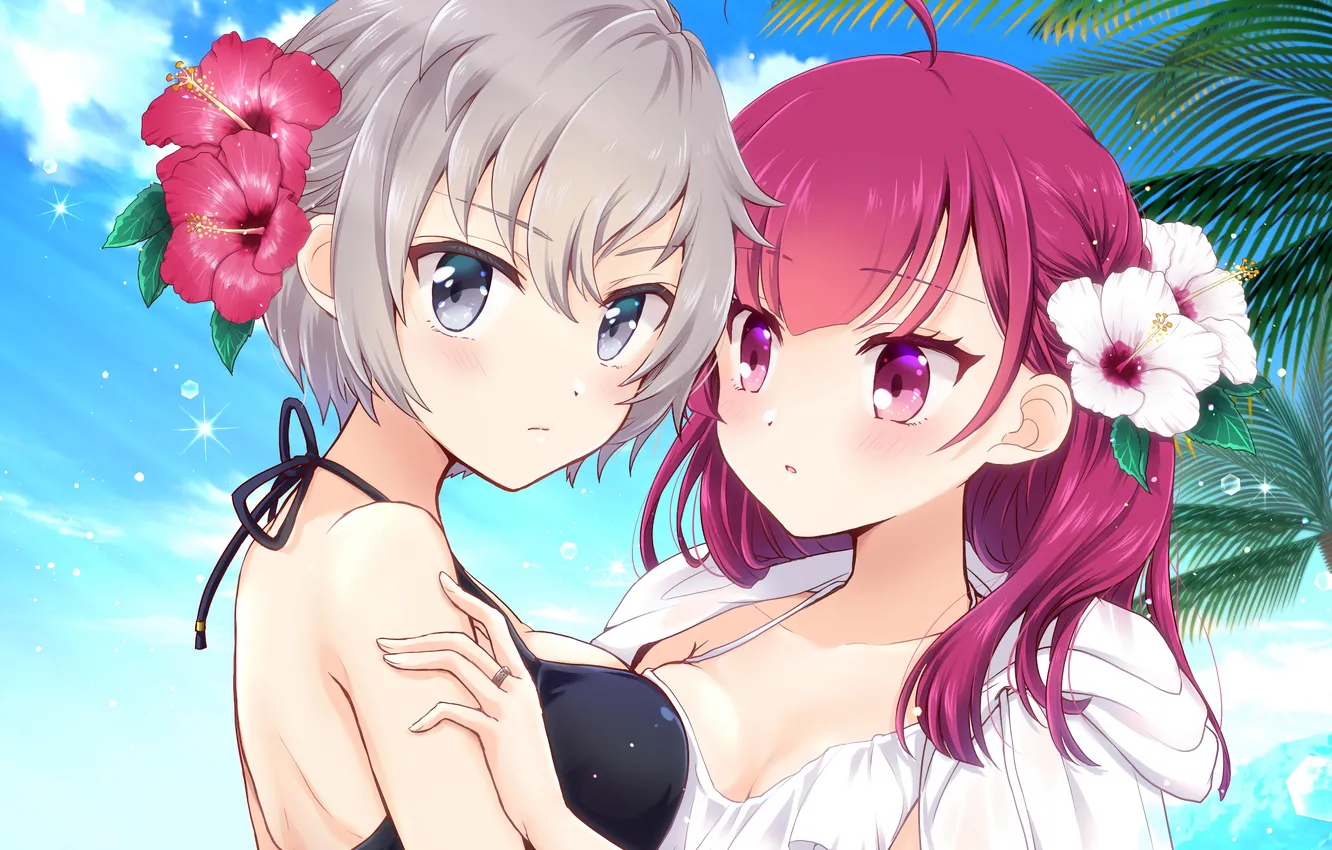 Фото обои sexy, cleavage, beach, pink hair, long hair, girls, boobs, anime