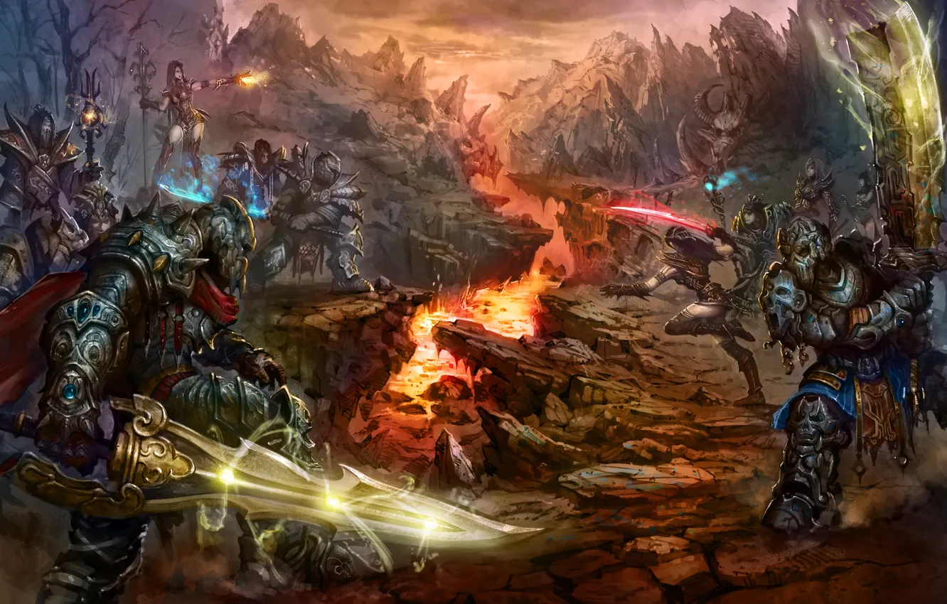Фото обои горы, скалы, меч, армия, маг, шлем, броня, битва