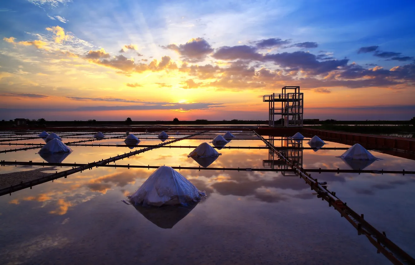 Фото обои sunset, Jizaijia, salt fields