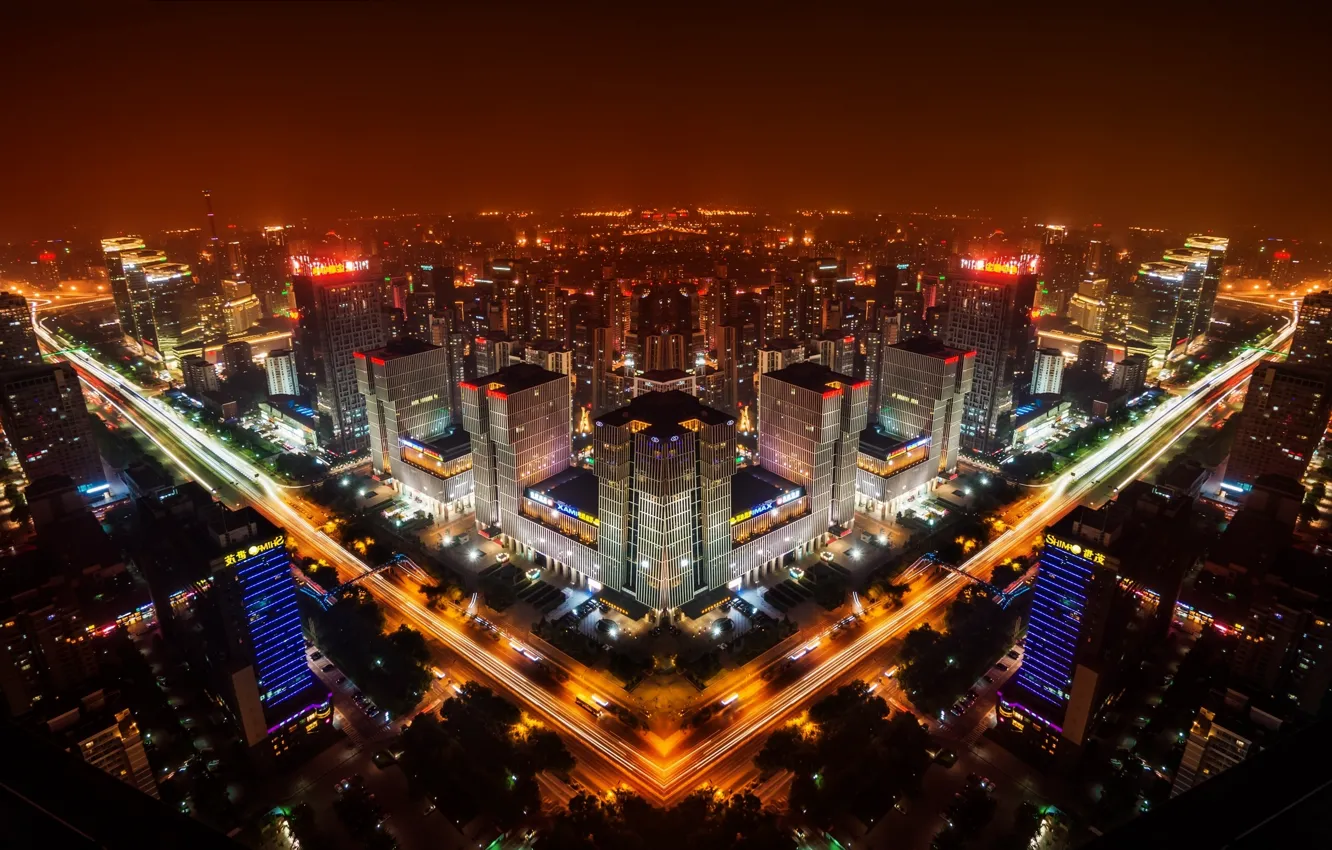 Фото обои China, панорама, Китай, ночной город, Beijing, Пекин