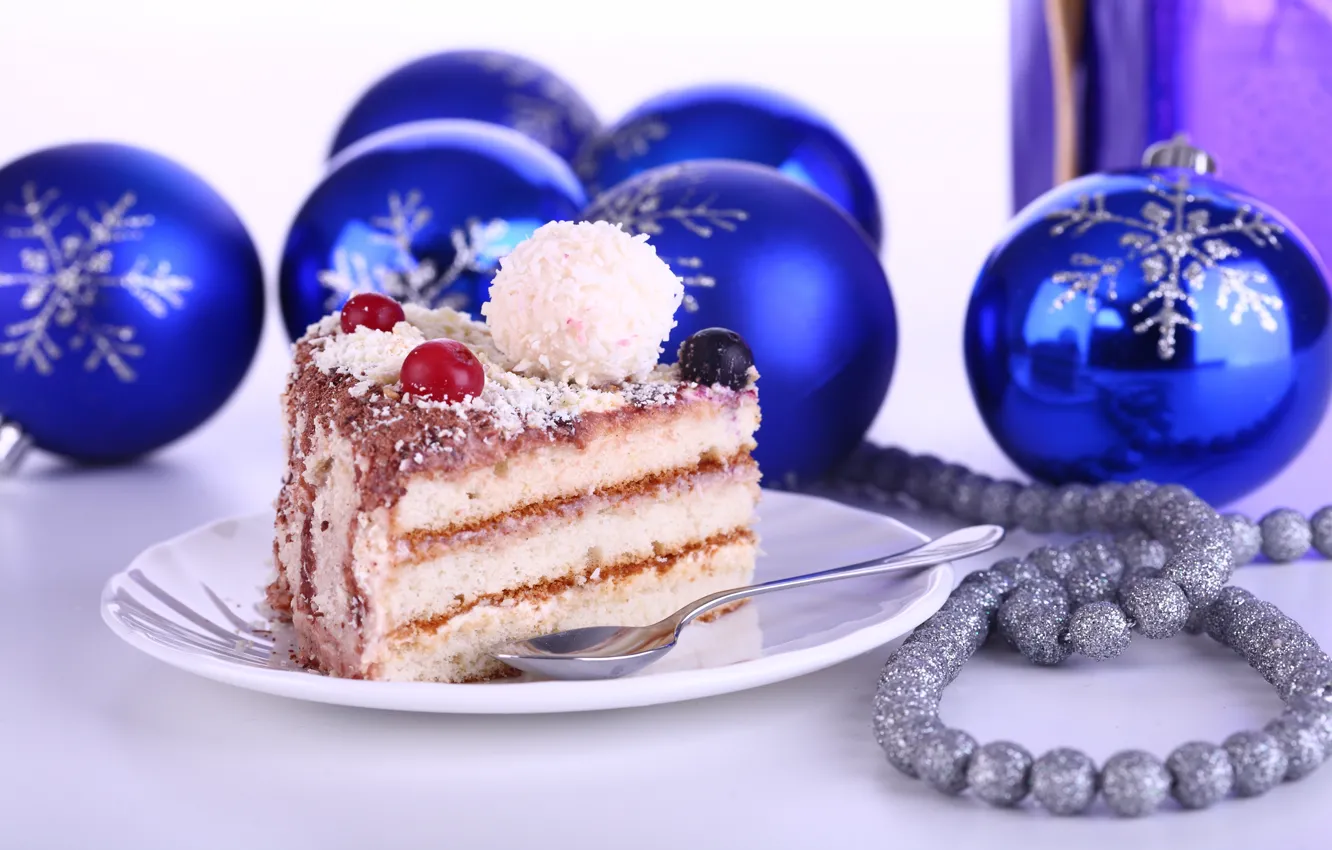 Фото обои праздник, шары, торт, Новый год, синие, новогодние украшения, угощение, Дессерт