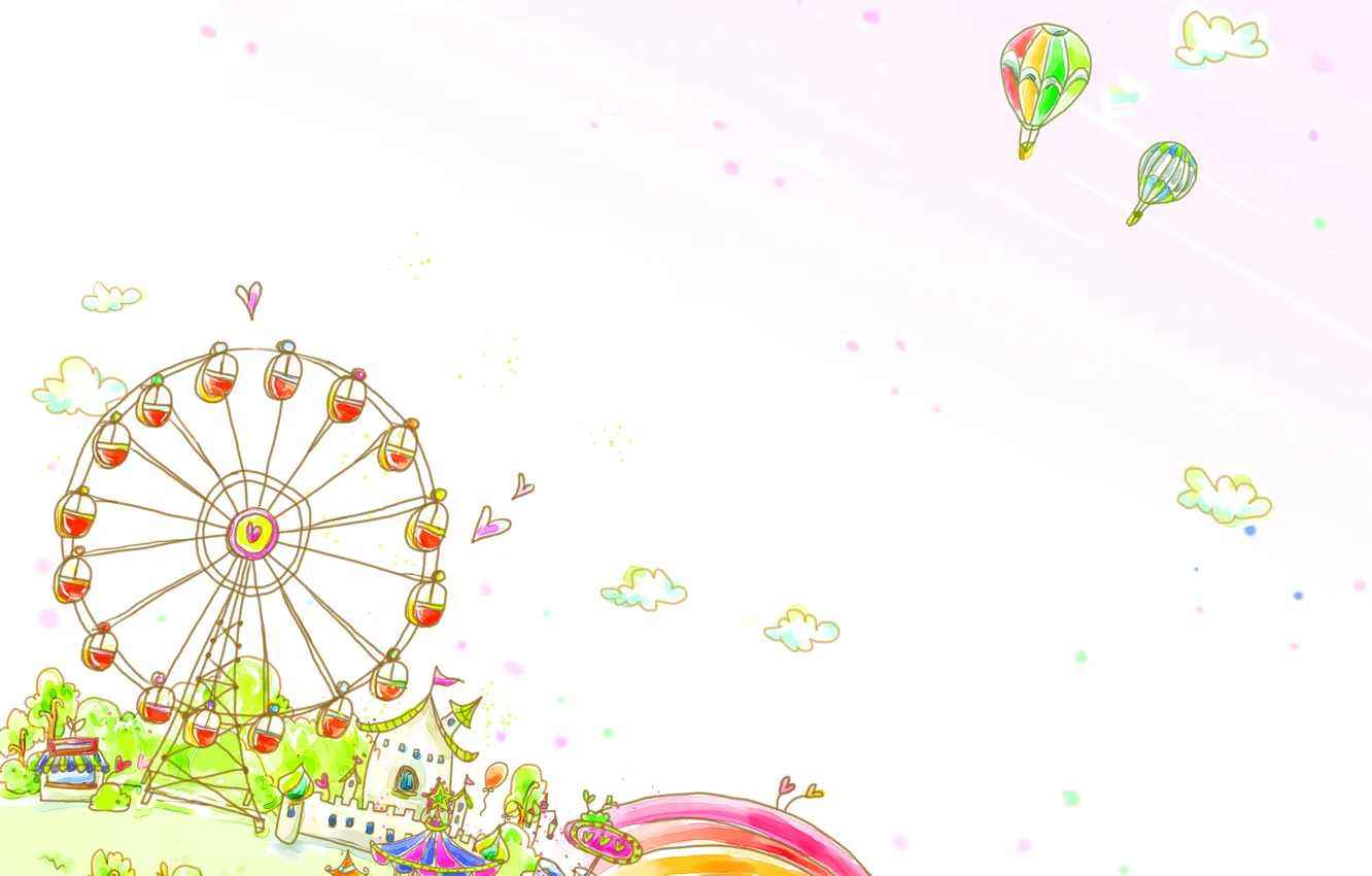 Фото обои облака, воздушные шары, радуга, колесо, аттракцион, домики, детские обои