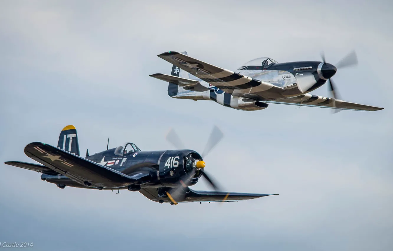 Фото обои ретро, самолет, парад, F4U Corsair, P-51D Mustang Quick Silver