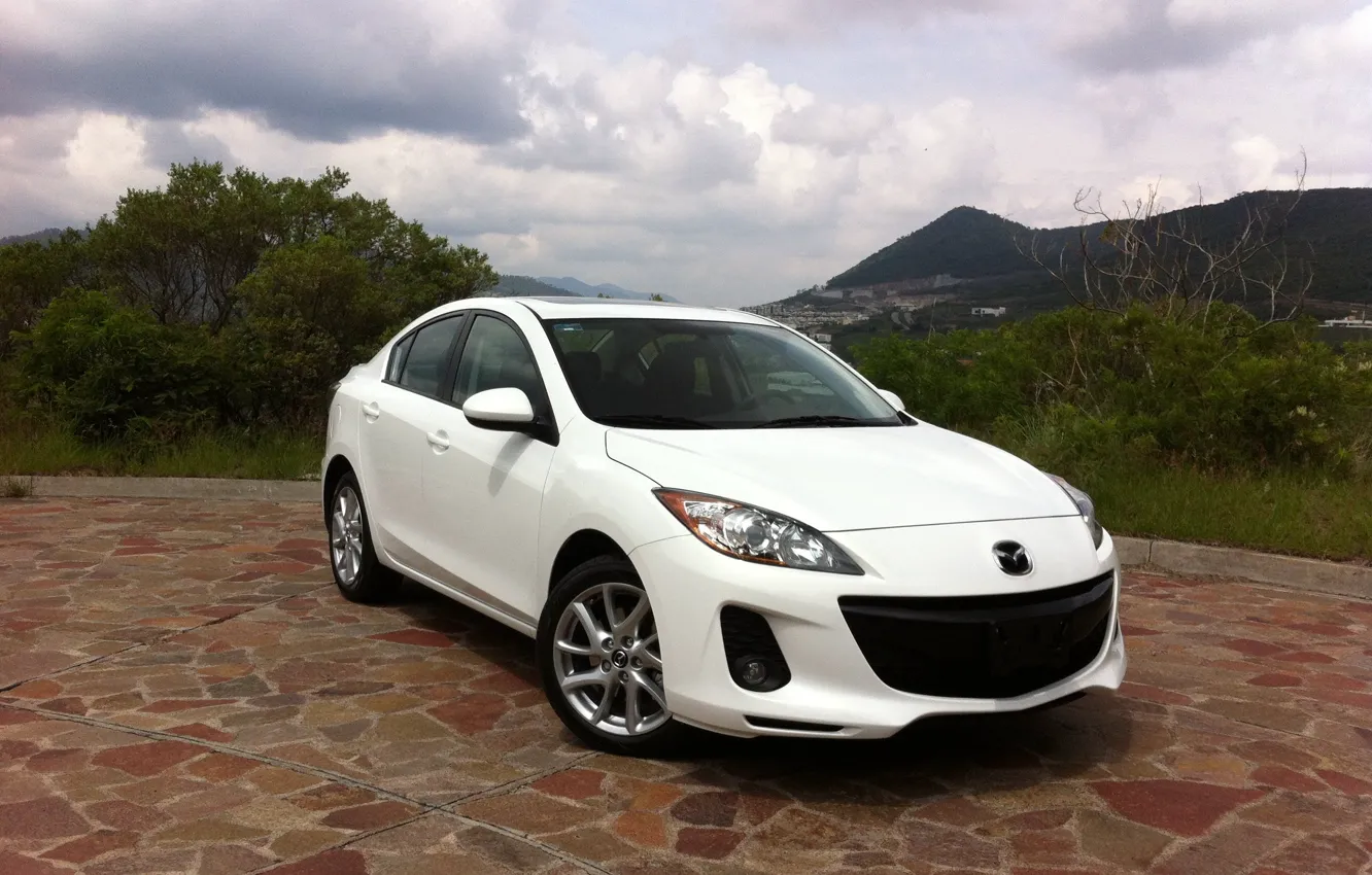 Фото обои авто, белый, пейзаж, Mazda, white, Axela