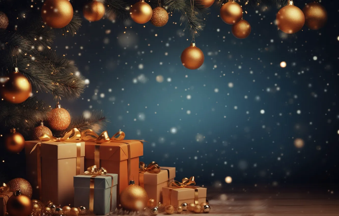 Фото обои украшения, шары, елка, colorful, Новый Год, Рождество, подарки, golden