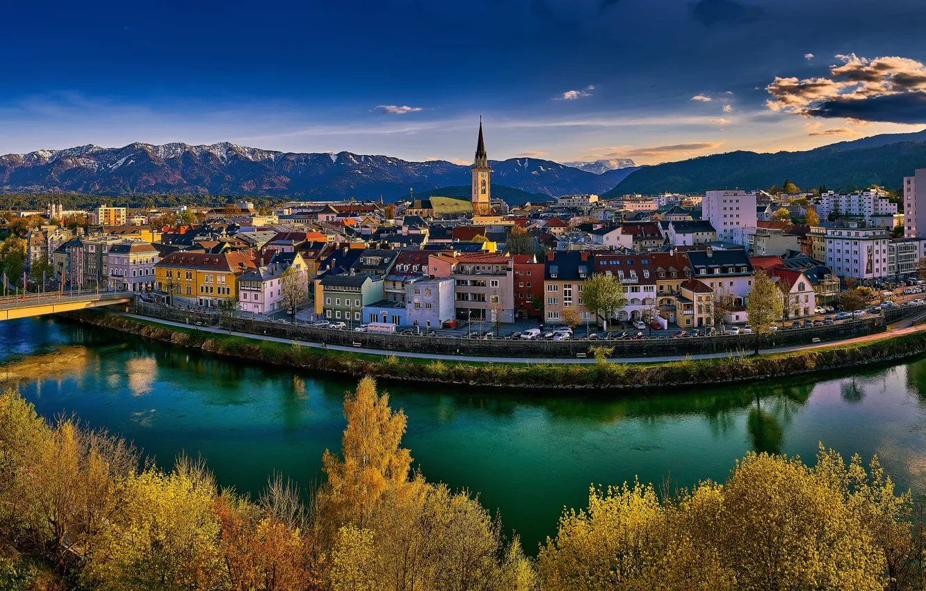 Фото обои деревья, горы, мост, река, здания, дома, Австрия, Альпы