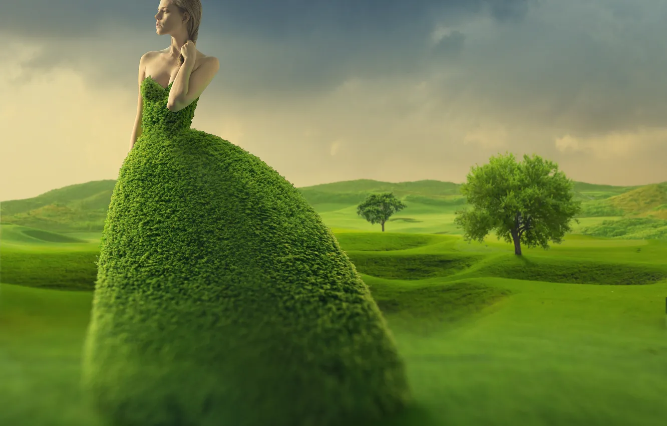 Фото обои зелень, девушка, деревья, креатив, холмы, блондинка