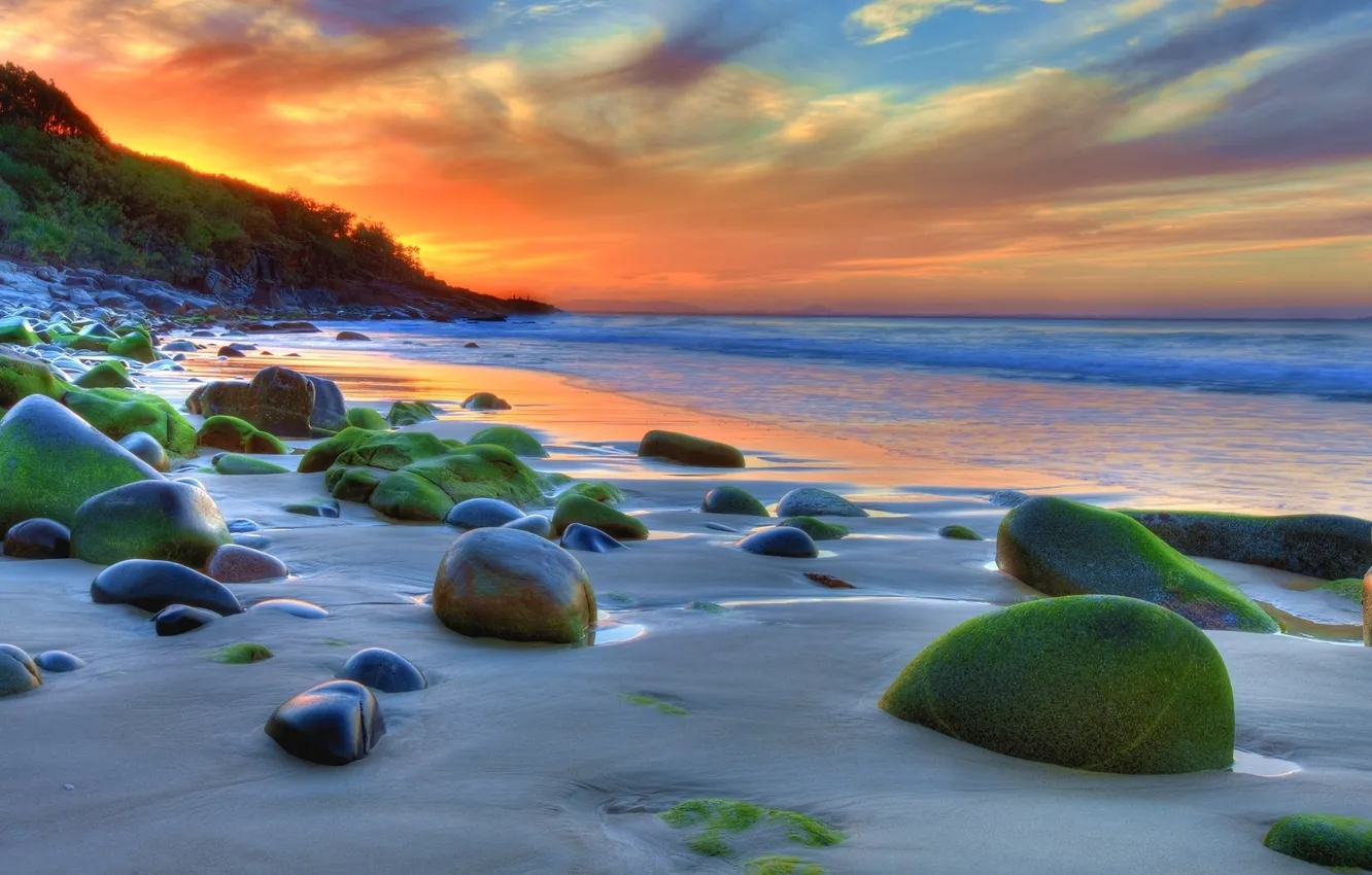 Фото обои песок, море, небо, вода, солнце, облака, пейзаж, закат