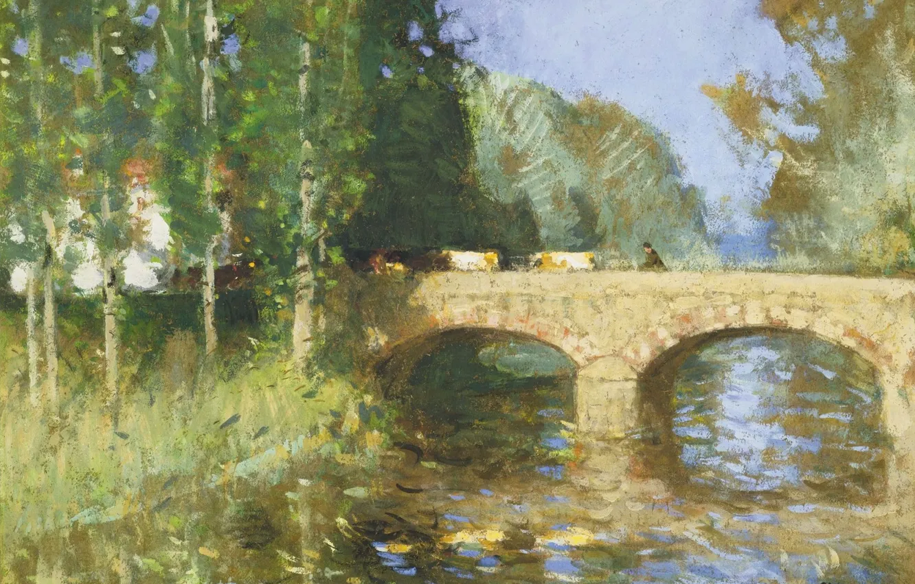 Фото обои пейзаж, картина, Пьер Эжен Монтезин, Pierre-Eugene Montezin, Мост через Реку