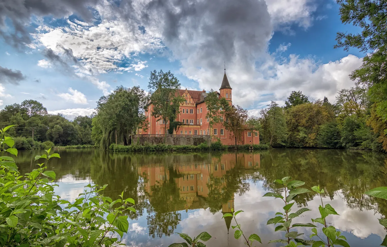 Фото обои небо, облака, пруд, замок, Германия, Бавария