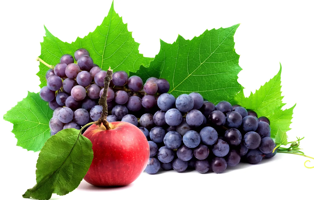 Фото обои листья, apple, яблоко, ягода, виноград, гроздь, белый фон, grapes