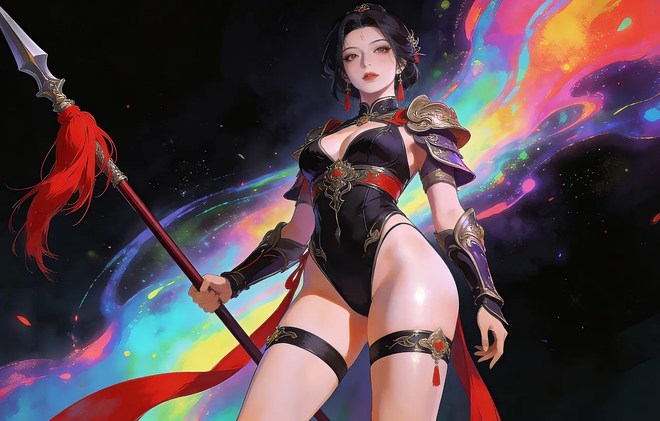 Фото обои girl, sexy, brunette, asian, spear, ai art