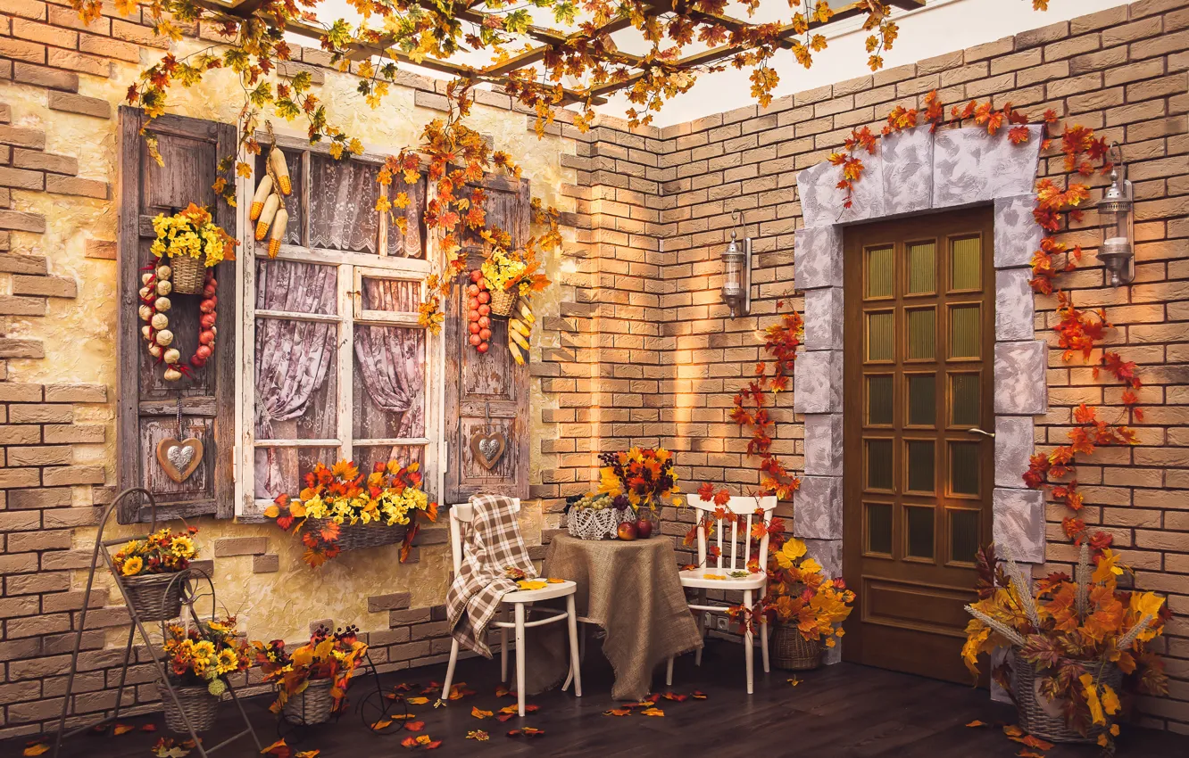 Фото обои осень, листья, дизайн, стол, окно, autumn, Interior