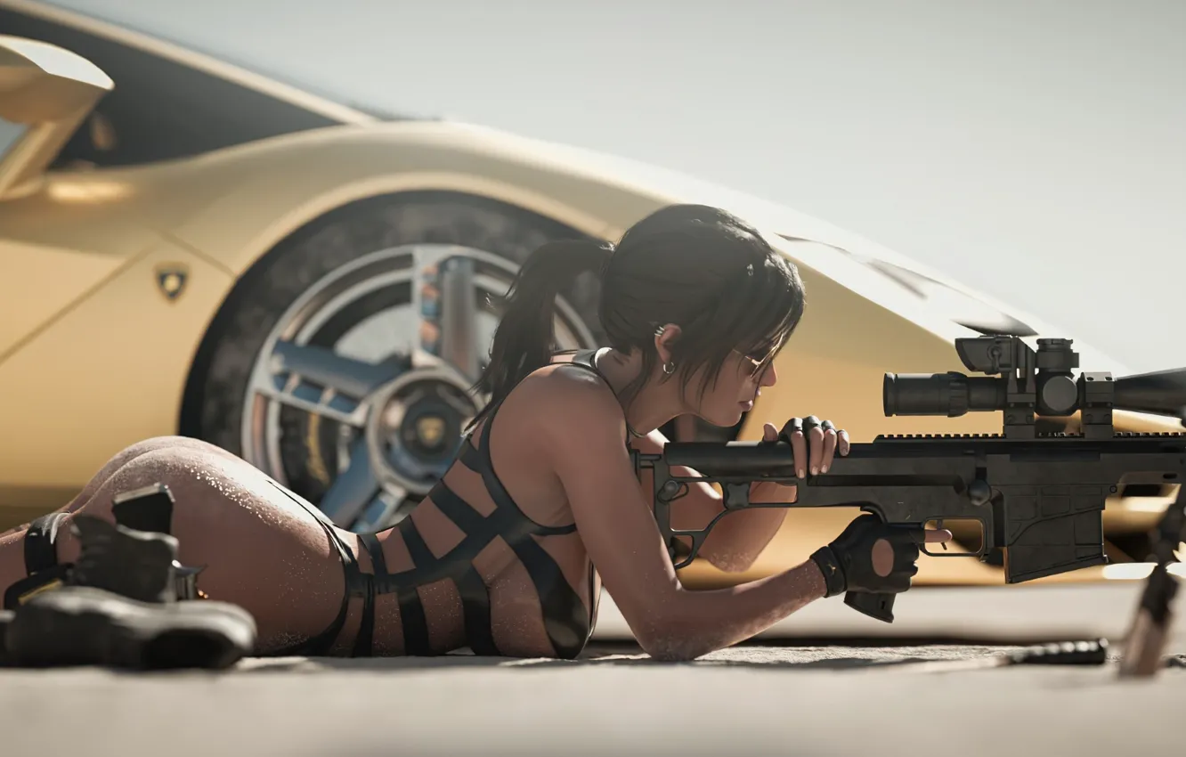 Фото обои Tomb Raider, снайпер, Лара Крофт, Lara Croft, Game Art, lambogini, Игровая эротика