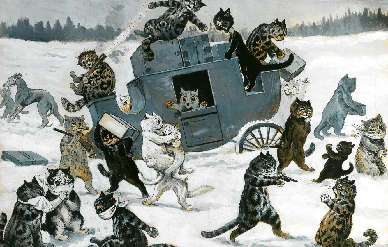 Фото обои Зима, Снег, Карета, Картина, Коты, Английский художник, Louis William Wain, Луис Уильям Уэйн
