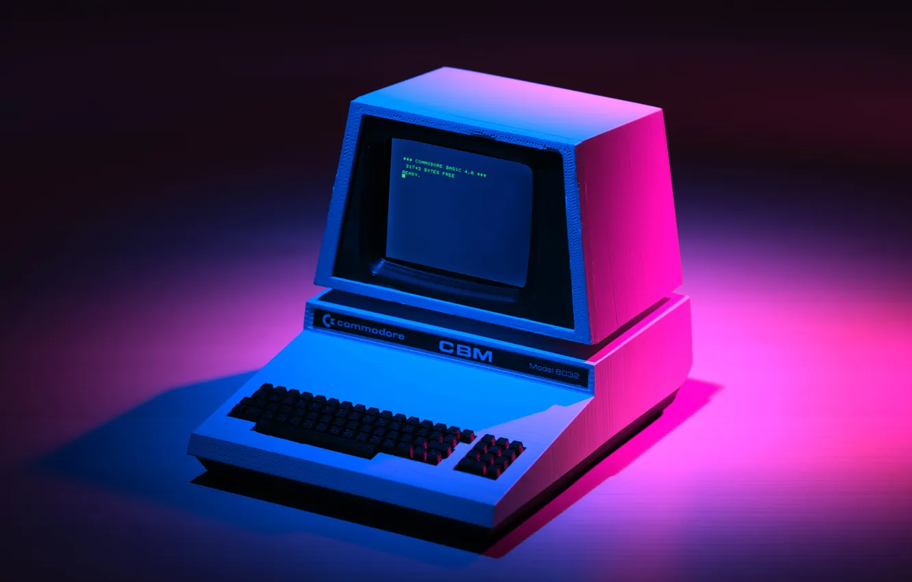 Фото обои vintage, blue, pink, computer, spotlights, code, simple background, Commodore