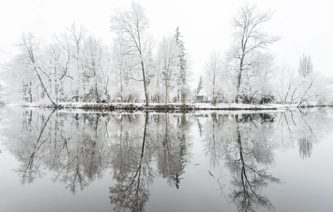 Фото обои зима, иней, деревья, озеро, парк, отражение