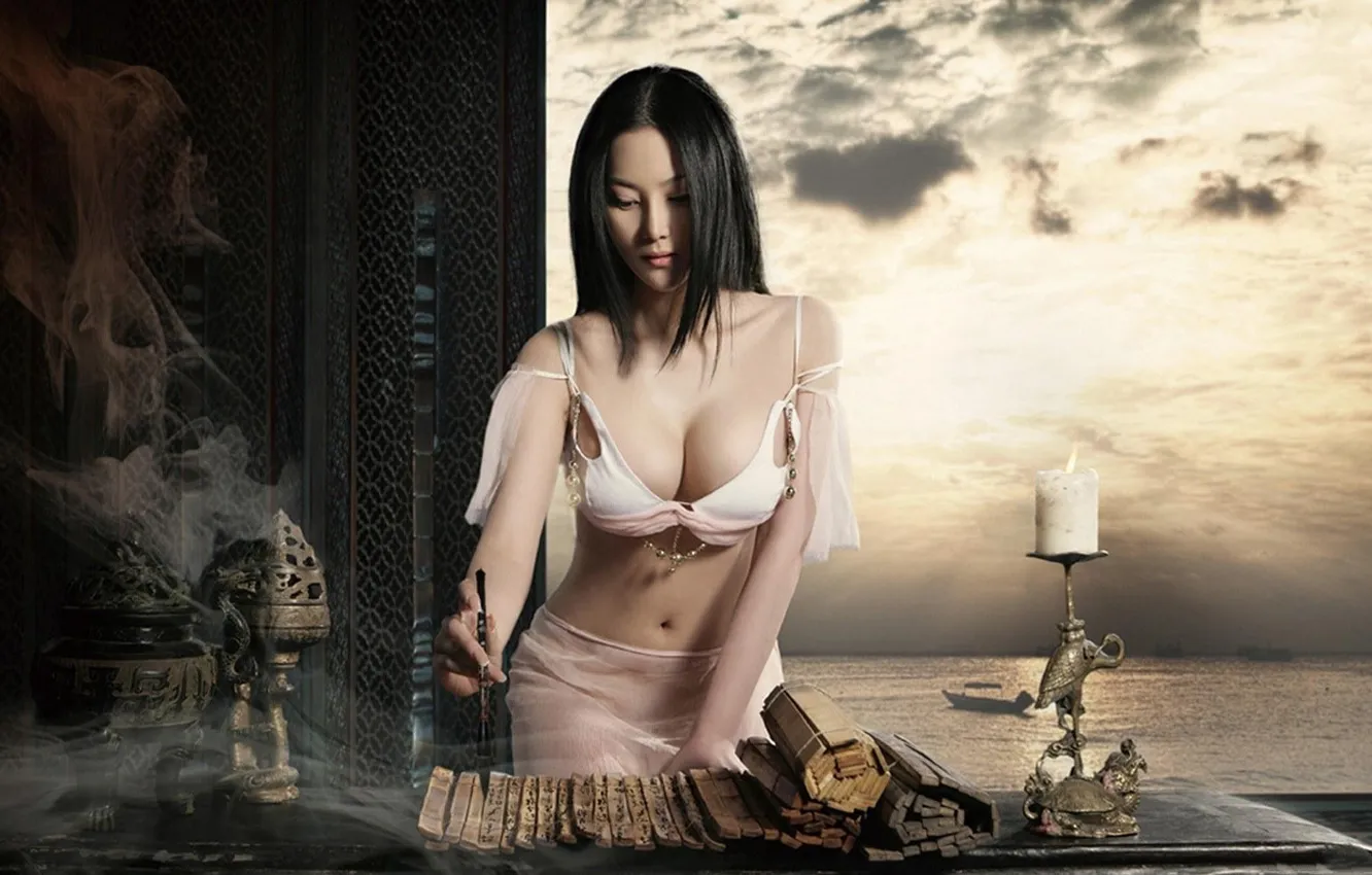 Фото обои грудь, небо, девушка, лицо, свеча, азиатка, красивая