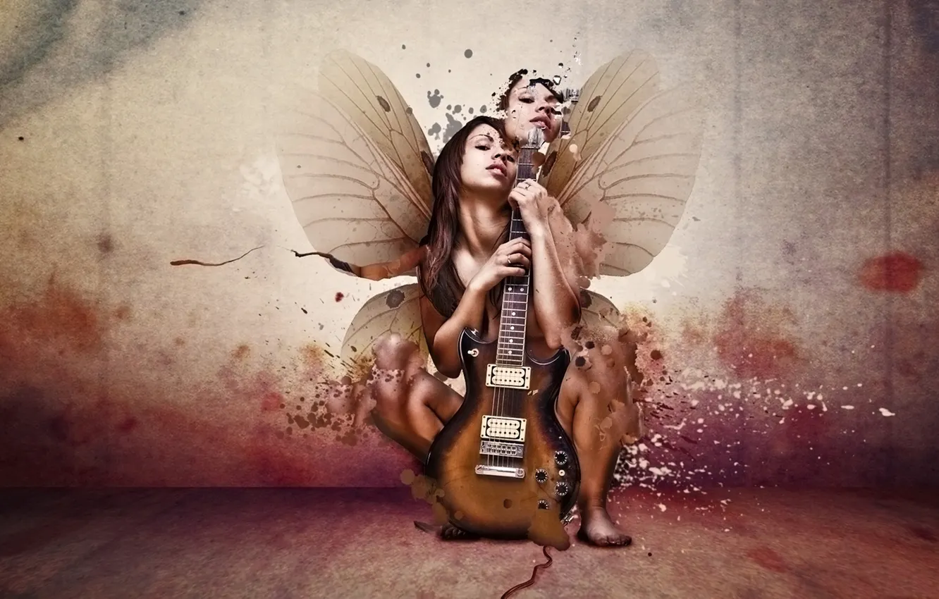 Фото обои девушка, гитара, крылья