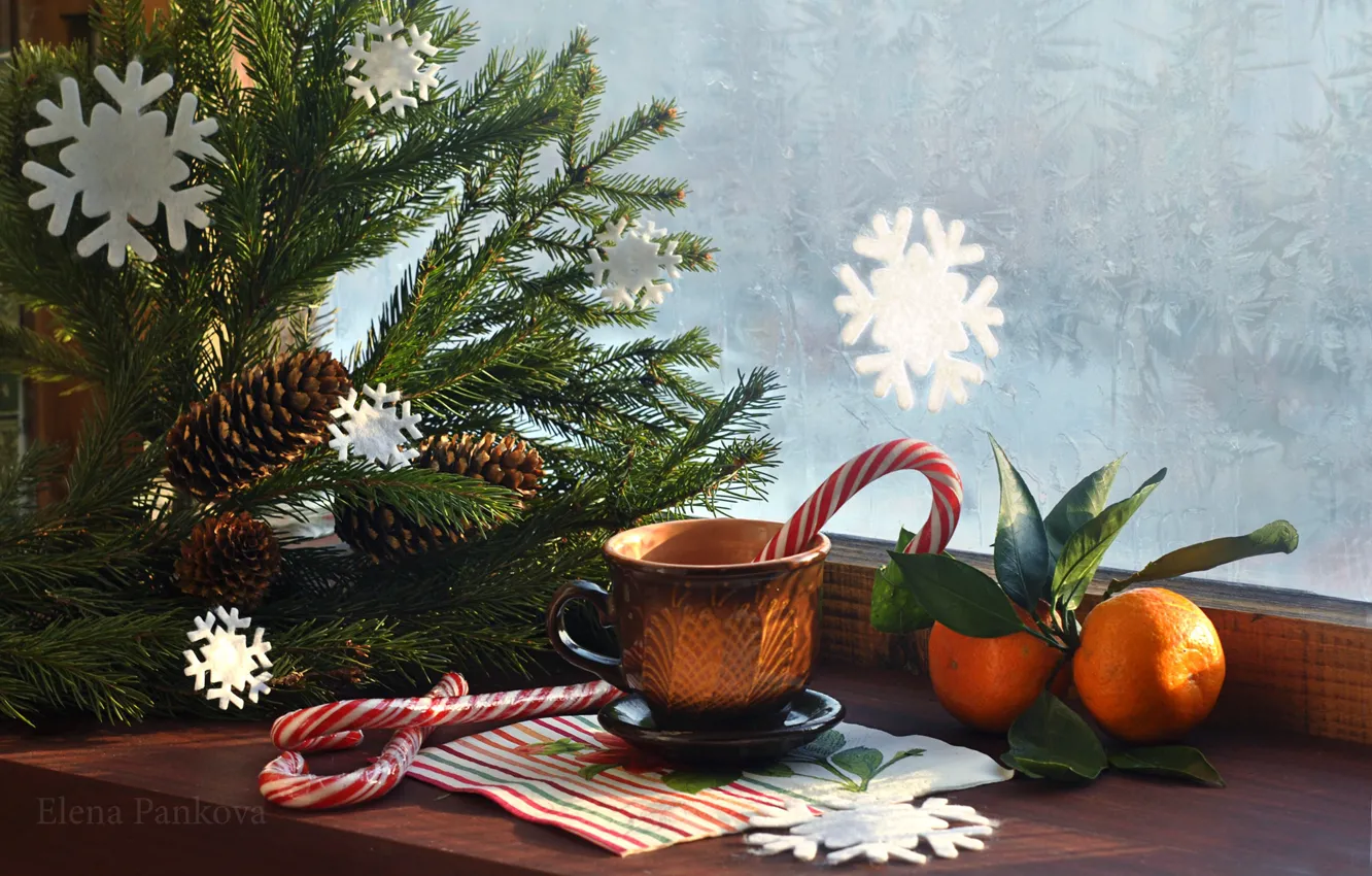 Фото обои елка, окно, кружка, Новый год, Christmas, шишки, New Year, мандарины