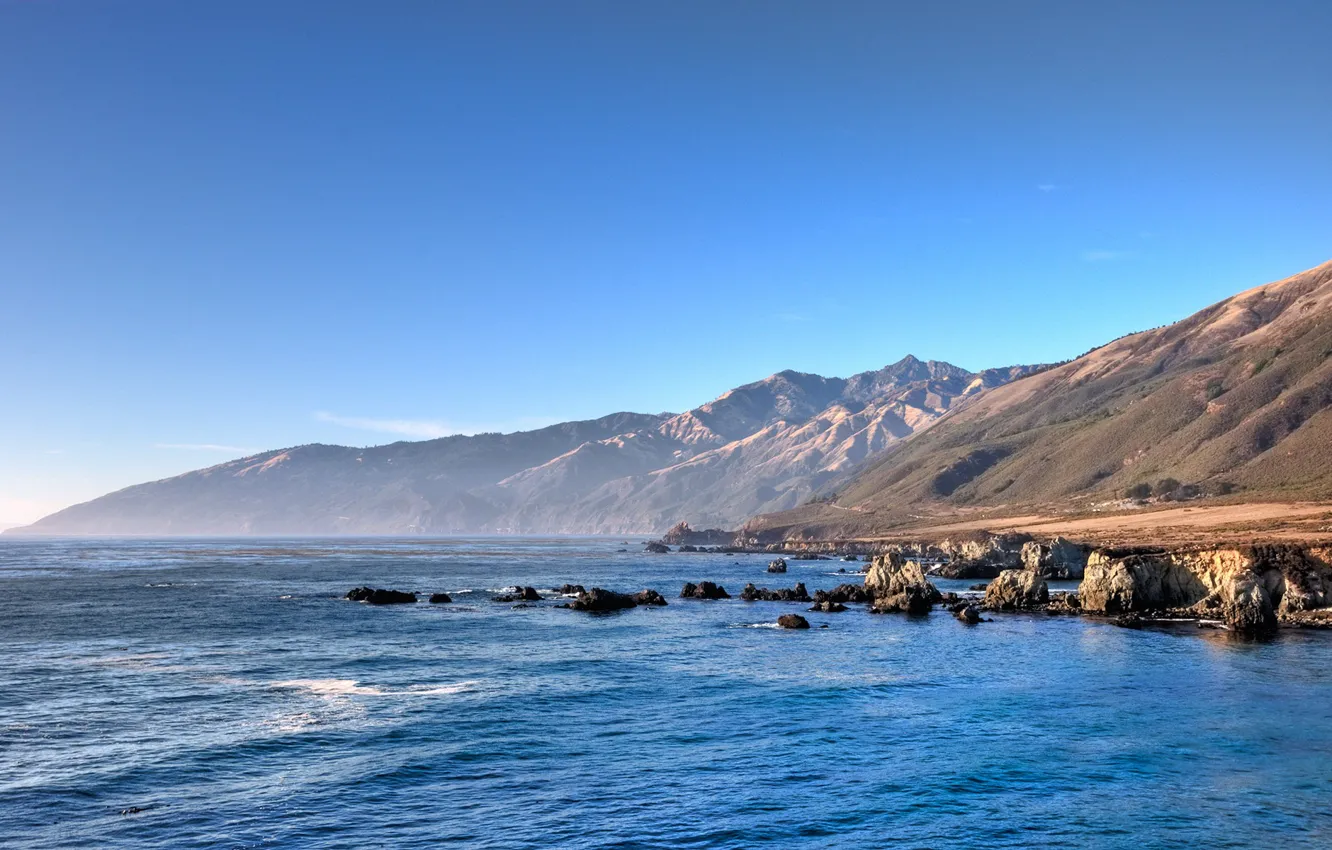 Фото обои небо, вода, горы, синий, океан, Калифорния, прибрежье