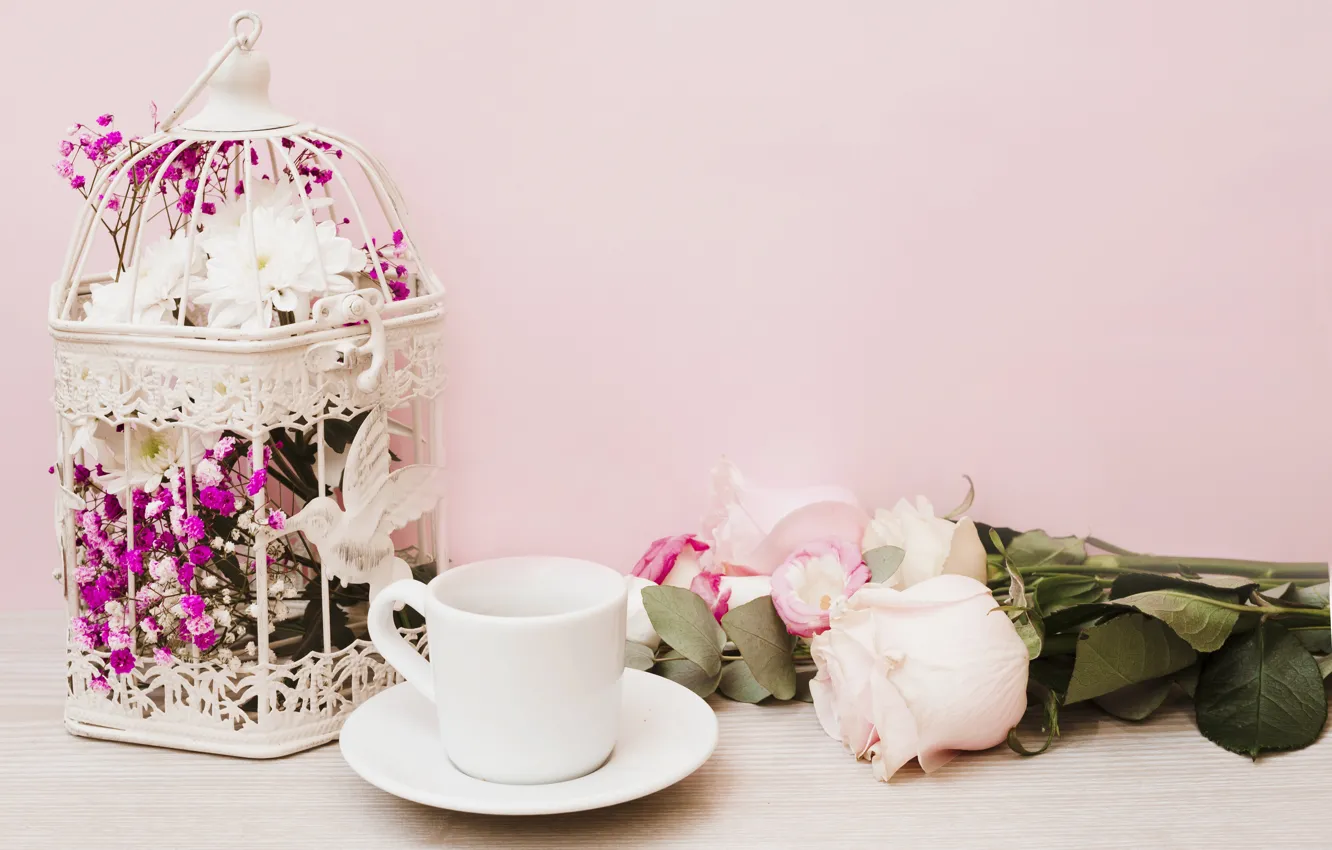 Фото обои цветы, розы, букет, pink, flowers, coffee cup, roses, чашка с блюдцем