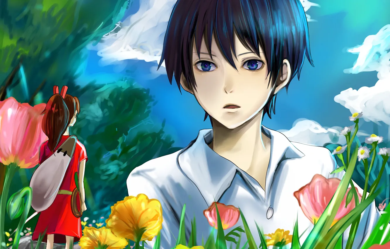 Фото обои небо, трава, девушка, облака, деревья, цветы, аниме, арт