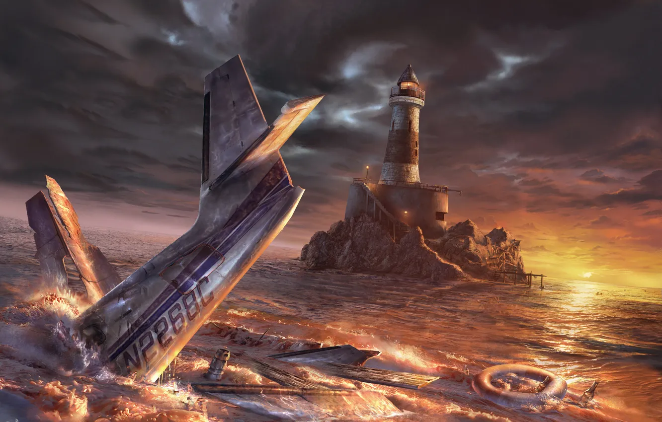 Фото обои море, закат, самолет, маяк, бутылка, крушение, круг, арт