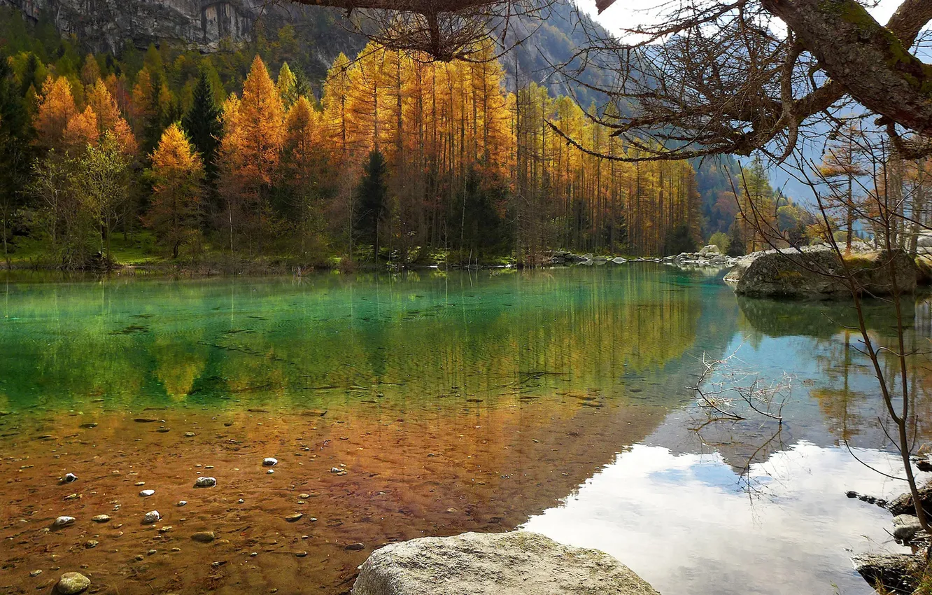 Фото обои осень, деревья, горы, озеро, камни