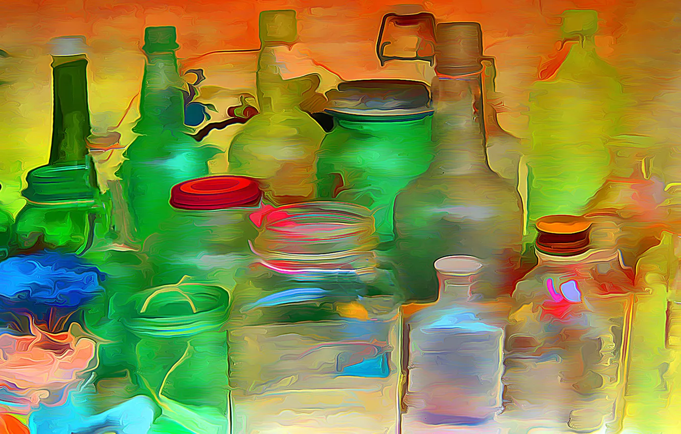 Фото обои стекло, рендеринг, краски, рисунок, цвет, вектор, пробка, бутылки